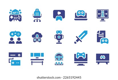 Gaming icon set. Duotone color. Vector illustration. Containing game, gaming chair, gaming, online gaming, gamer, dlc, trophy, sword, guide, console, esports.