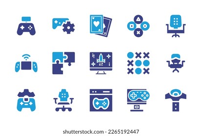 Spielsymbol eingestellt. Duotonfarbe. Vektorgrafik. Enthält E-Sport, Controller, Poker-Karten, Gaming-Stuhl, Handyspiel, Puzzle, Computerspiel, Tactoe, Gaming, Controller-Pad.