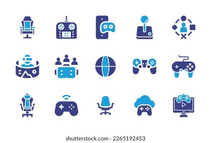 Gaming icon set. Duotone color. Vector illustration. Containing gaming chair, controller, videogame, user experience, virtual reality, network, game controller, gamepad, chair, video game.