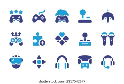Gaming icon set. Duotone color. Vector illustration. Containing gaming, joystick, cloud, game console, game, puzzle, poker, vr, vr glasses, controller, headset. 