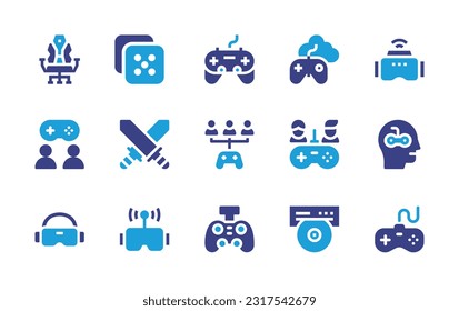 Spielsymbol eingestellt. Duotonfarbe. Vektorgrafik. Mit Gaming-Stuhl, Würfel, Spiel-Controller, Gamepad, vr Gaming, Hobbys, Schwerter, Gaming, vr Brille, Kontrolle.