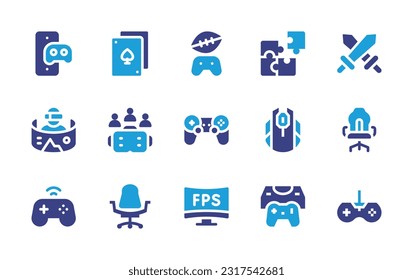Gaming icon set. Duotone color. Vector illustration. Containing videogame, bridge, joystick, jigsaw, gaming, virtual reality, game controller, mouse, gamer, video game, gaming chair, fps.
