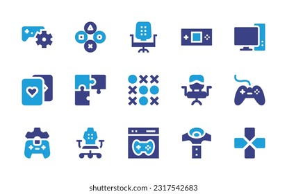 Gaming icon set. Duotone color. Vector illustration. Containing controller, gaming chair, gamepad, computer, poker cards, puzzle, tic tac toe, game control, gaming, controller pad, joystick.