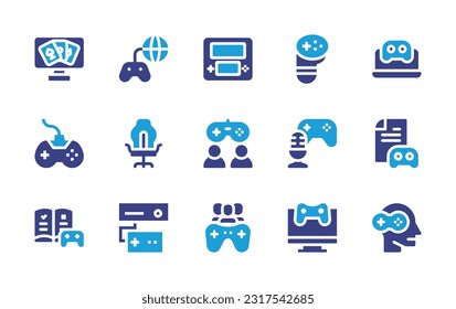 Gaming icon set. Duotone color. Vector illustration. Containing online gaming, gaming, controller pad, joypad, gaming chair, gamer, podcast, guide, console, multiplayer, game.