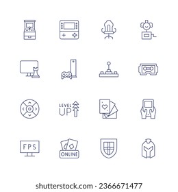 Gaming icon set. Thin line icon. Editable stroke. Containing arcade, chess game, controller, fps, game console, gamer, gaming console, joysticks, level up, playing cards, poker, shield, surprise box.