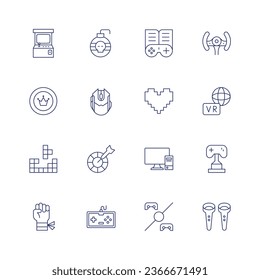 Juego de iconos de juegos. Icono de línea delgada. Trazo editable. Conteniendo juego de arcade, bomba, chip de casino, ratón de computadora, construcción, dardos, juego de pelea, consola de juegos, gamepad, corazón, pc, ronda uno.