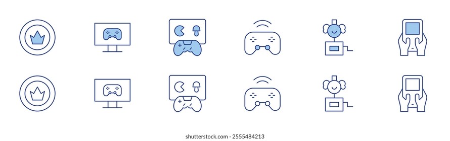 Gaming icon set in two styles, Duotone and Thin Line style. Editable stroke. casino chip, controller, game console, surprise box, video game.