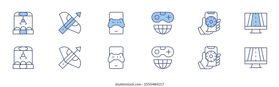 Gaming icon set in two styles, Duotone and Thin Line style. Editable stroke. claw machine, crossbow, game, game controller, online gambling, racing game.