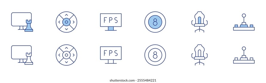 Gaming icon set in two styles, Duotone and Thin Line style. Editable stroke. billiard, chess game, controller, fps, gamer, joysticks.