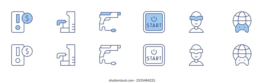 Gaming icon set in two styles, Duotone and Thin Line style. Editable stroke. coin, gun, start button, virtual reality, worldwide.