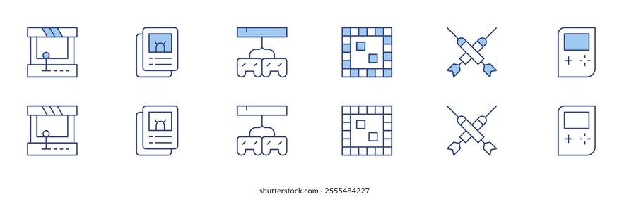 Gaming icon set in two styles, Duotone and Thin Line style. Editable stroke. arcade, board game, cards, console, darts, game console.