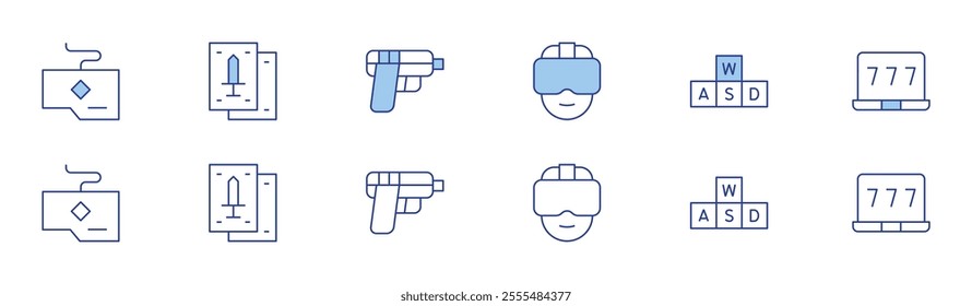 Gaming icon set in two styles, Duotone and Thin Line style. Editable stroke. keyboard, playing cards, shooting, vr glasses, wasd, win.