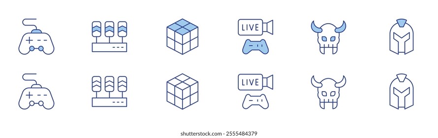 Gaming icon set in two styles, Duotone and Thin Line style. Editable stroke. gamepad, pedals, rubik, streaming, warlock, warrior.