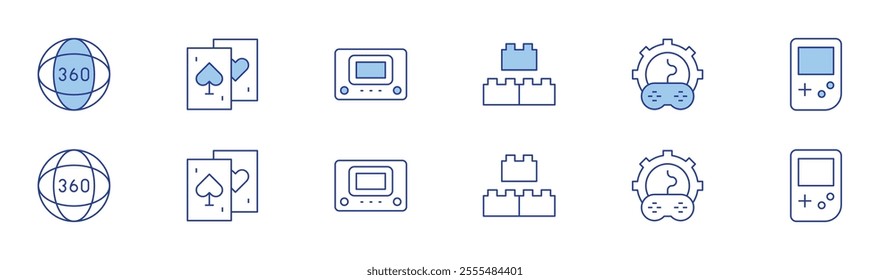 Gaming icon set in two styles, Duotone and Thin Line style. Editable stroke. degrees, block, card game, console, custom, game boy.