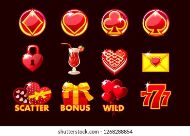 Gaming icon of St.Valentine symbols for slot machines and a lottery or casino. Set 12 in red colors. Game casino, slot, UI