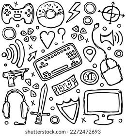 gaming icons. Background with gamepad,monitor, keyboard, computer mouse, headphones
