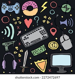 gaming icons. Background with gamepad,monitor, keyboard, computer mouse, headphones