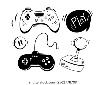 Gaming icons in black and white, including controllers, joystick, play button, and pause symbol. Minimalist design with retro and modern elements. Set of vector illustrations isolated on white