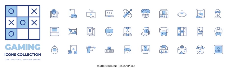 Gaming icons collection. Line Duotone style, editable stroke. bingo, claw machine, crossbow, game console, gaming guide, keyboard, map, playing cards, vr glasses, win.