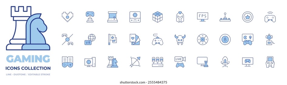 Gaming icons collection. Line Duotone style, editable stroke. arcade machine, flag, game console, gamepad, heart, playing cards, round one, rubik, trophy, virtual, warlock, warrior.