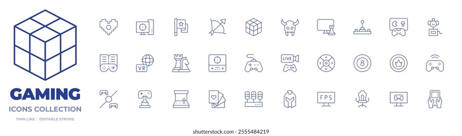 Gaming icons collection. Thin Line icons, editable stroke. arcade machine, chess, game console, gamepad, pedals, playing cards, round one, streaming, trophy, virtual, warrior.