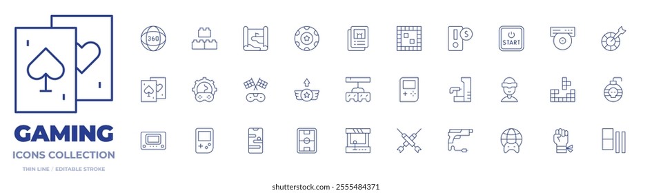 Gaming icons collection. Thin Line icons, editable stroke. arcade, card game, console, custom, darts, game console, gun, level up, online game, racing, stadium, game boy.