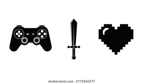 Gaming icons controller sword and heart in dark silhouette