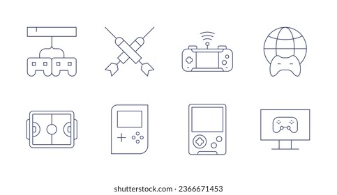 Gaming icons. Editable stroke. Containing console, darts, field, game console, online gaming, retro game, worldwide, controller.