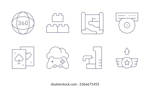 Gaming icons. Editable stroke. Containing degrees, block, card game, cloud, game map, gaming, gun, level up.