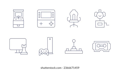 Gaming icons. Editable stroke. Containing arcade, chess game, game console, gamer, gaming console, joysticks, surprise box, vr.