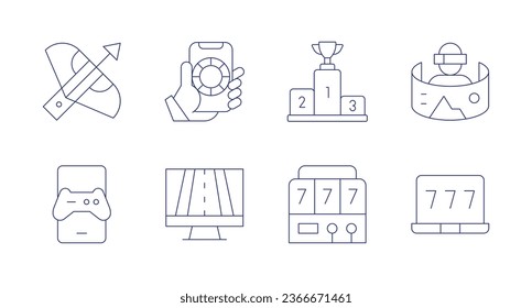 Gaming icons. Editable stroke. Containing crossbow, game, online gambling, podium, racing game, slot machine, virtual reality, win.