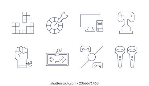 Gaming icons. Editable stroke. Containing construction, darts, fighting game, game console, pc, round one, trophy, vr.