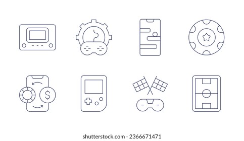 Gaming icons. Editable stroke. Containing console, custom, exchange, game boy, online game, poker chip, racing, stadium.