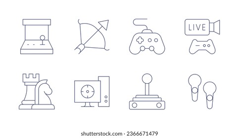 Gaming icons. Editable stroke. Containing arcade machine, bow and arrow, chess, computer, gamepad, joystick, streaming, vr.