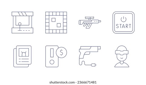 Iconos de juegos. Trazo editable. Conteniendo arcada, juego de mesa, cartas, moneda, juego, pistola, botón de inicio, realidad virtual.