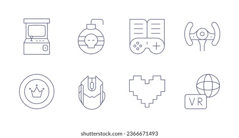 Gaming icons. Editable stroke. Containing arcade game, bomb, casino chip, computer mouse, gamepad, heart, steering wheel, virtual.