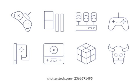 Gaming icons. Editable stroke. Containing controller, domino, flag, game console, pedals, rubik, video game, warlock.