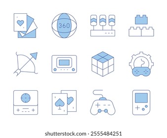 Gaming icons. Line Duotone style, editable stroke. degrees, block, bow and arrow, card game, console, custom, game boy, game console, gamepad, pedals, playing cards, rubik.