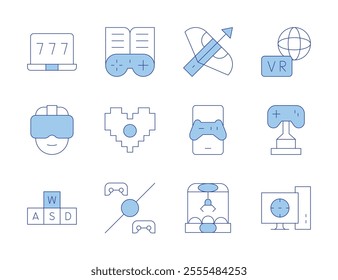 Gaming icons. Line Duotone style, editable stroke. claw machine, computer, crossbow, game, gamepad, heart, round one, trophy, virtual, vr glasses, wasd, win.