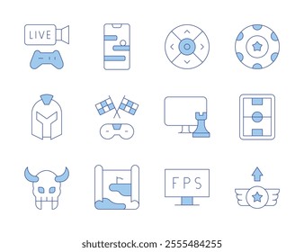 Gaming icons. Line Duotone style, editable stroke. chess game, controller, fps, game map, level up, online game, poker chip, racing, stadium, streaming, warlock, warrior.