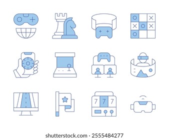 Gaming icons. Line Duotone style, editable stroke. arcade machine, chess, flag, game controller, gaming, online gambling, racing game, slot machine, tic tac toe, virtual reality, vr glasses.