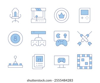 Gaming icons. Line Duotone style, editable stroke. arcade, billiard, board game, cards, casino chip, console, darts, controller, game console, gamer, joysticks.