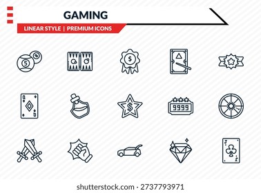 gaming icons set - billiard ball, backgammon, queen of diamonds, trunk open, jack of clubs outline vector collection.