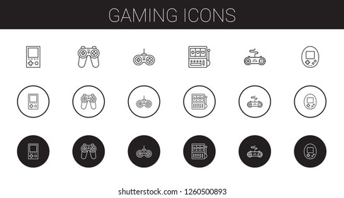 gaming icons set. Collection of gaming with console, gamepad, slot machine. Editable and scalable gaming icons.