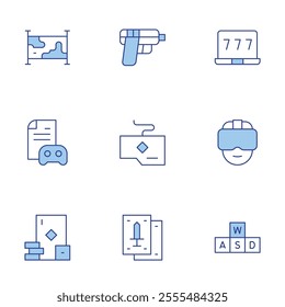 Gaming icons set. Line Duotone style, editable stroke. gambling, gaming guide, keyboard, map, playing cards, shooting, vr glasses, wasd, win.