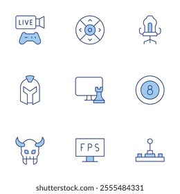 Gaming icons set. Line Duotone style, editable stroke. billiard, chess game, controller, fps, gamer, joysticks, streaming, warlock, warrior.