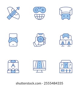 Gaming icons set. Line Duotone style, editable stroke. claw machine, crossbow, game, game controller, gaming, online gambling, racing game, slot machine.