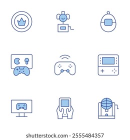 Gaming icons set. Line Duotone style, editable stroke. bingo, casino chip, controller, game console, surprise box, tamagotchi, video game.