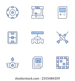 Gaming icons set. Line Duotone style, editable stroke. arcade, board game, cards, console, darts, game console, level up, poker chip, stadium.