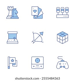 Gaming icons set. Line Duotone style, editable stroke. arcade machine, bow and arrow, chess, flag, game console, gamepad, pedals, playing cards, rubik.